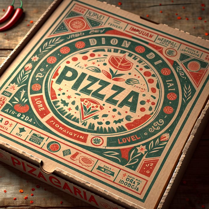 Cardboard Pizza Box on Wooden Table: Imaginary Local Pizzeria Logo
