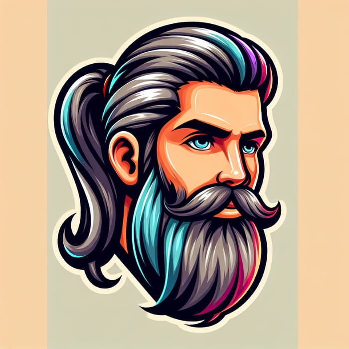 Colorful Cartoon Man with Full Gray Beard and Long Ponytail Hair