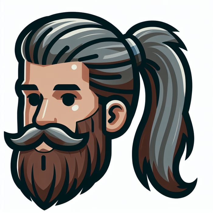 Cartoon Hipster Man with Grey and Brown Beard and Long Ponytail Hair