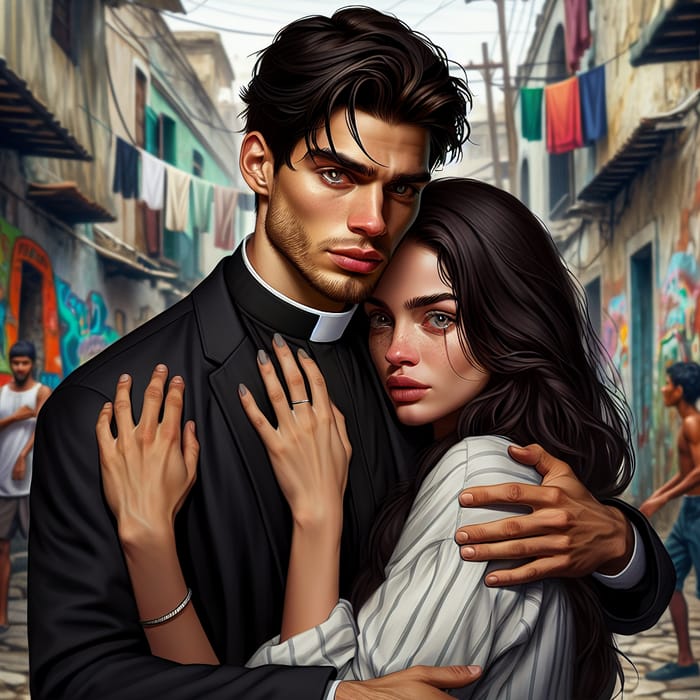 Forbidden Love: Embracing Raven-Haired Priest & Brunette Woman