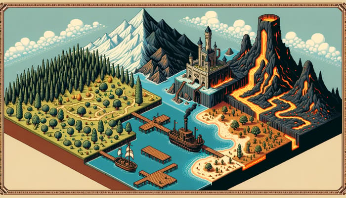Pixel Art Level Selector: Adventure Scenery with Oak Forest and Volcano