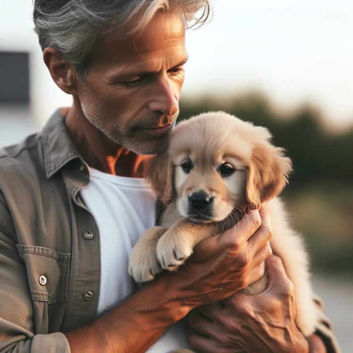 Compassionate Man Holding Sad Golden Retriever Puppy Outdoors
