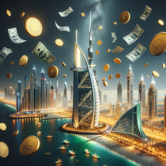 Dubai Night Skyline with Falling Gold Coins and Dollar Bills - Wealthy City Scene