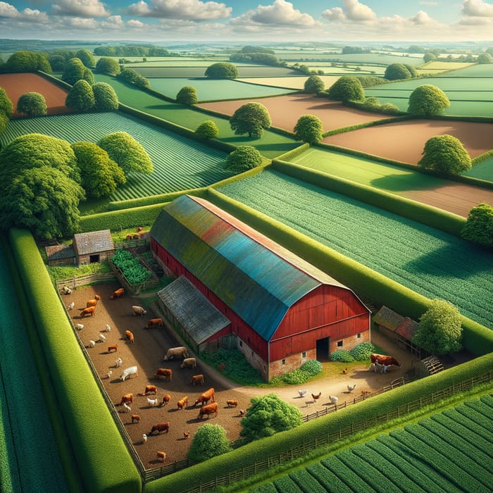 Picturesque Farm Scene with Barn, Fields, and Animals
