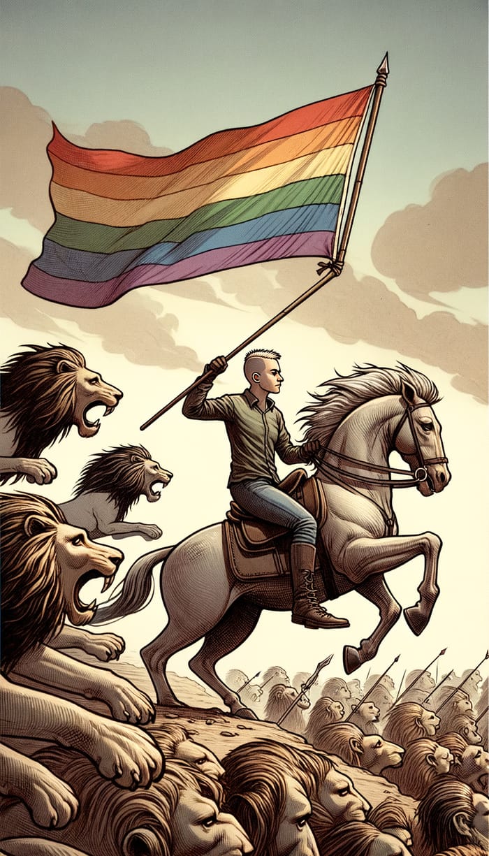 Valiant LGBTQ+ Warrior Riding Horse with Rainbow Flag