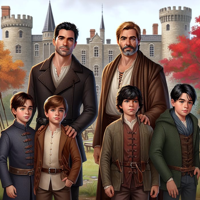 Modern Autumn Family Portrait | Diverse Multicultural Men & Sons at Antique Castle