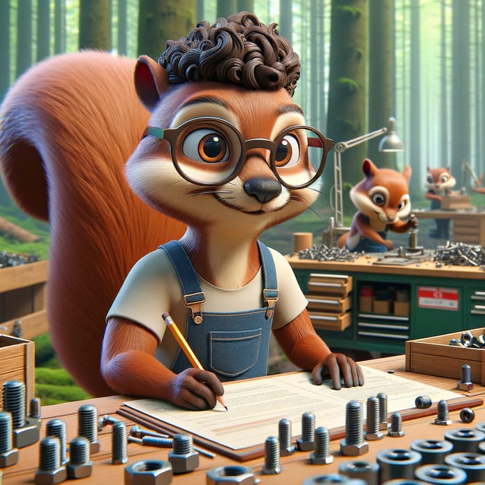 3D Toon Brown Squirrel Character in Forest Workshop Scene