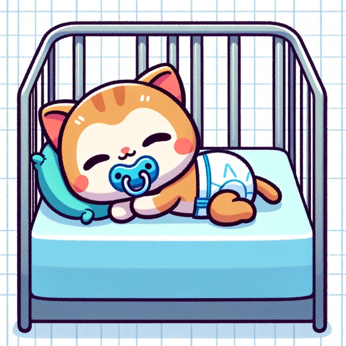 Cute Baby Kitten in Diapers and Pacifier Sleeping in Animated Crib
