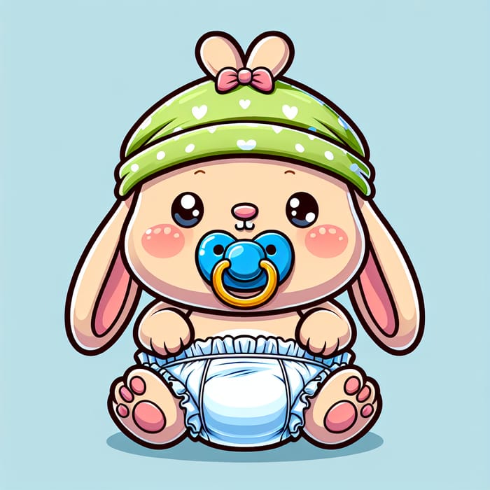 Cute Baby Rabbit in Diapers, Hat & Pacifier - Animated Cartoon