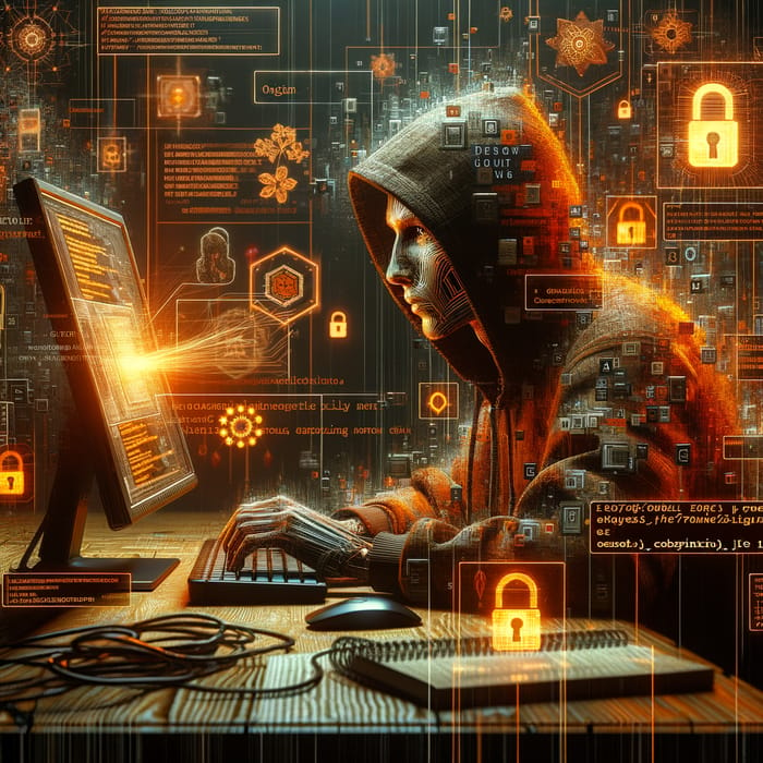 Realistic Hacker in Orange & Black: Cyber Tech Artistry