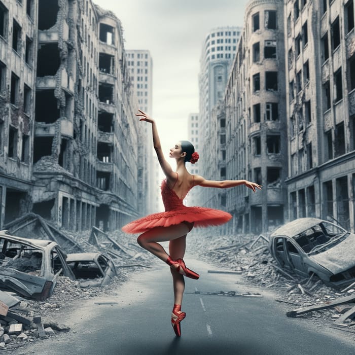 Elegant Ballerina in Red Dancing in City Ruins
