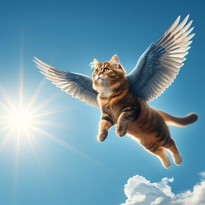 Flying Cat Soaring in Clear Blue Sky