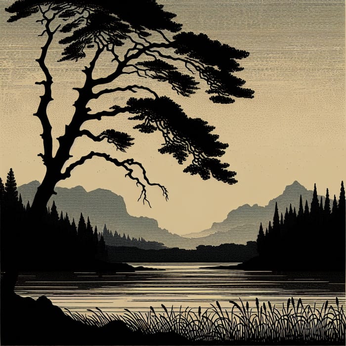 Silhouette Landscape: Tree, River, Sky & Forest
