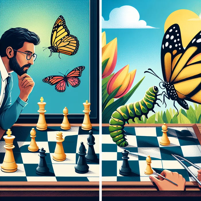 Strategy and Transformation Through Chess Board & Butterfly Imagery