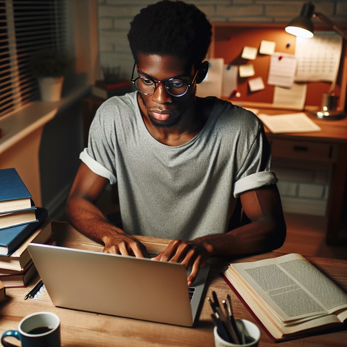 Confused Student at Desk with Laptop | Study Session Imagery