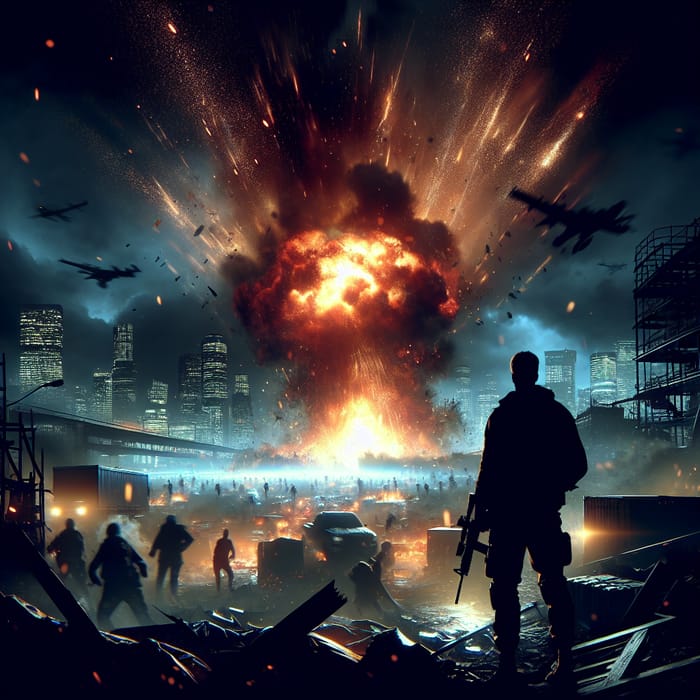 Intense Action Scene: Fireball Explosion in City Chaos