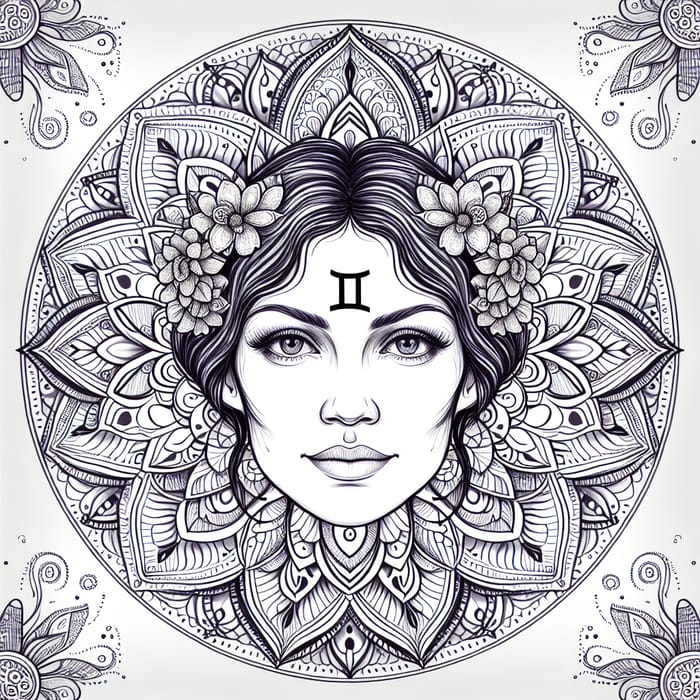 Gemini Zodiac Mandala Art with Woman's Face