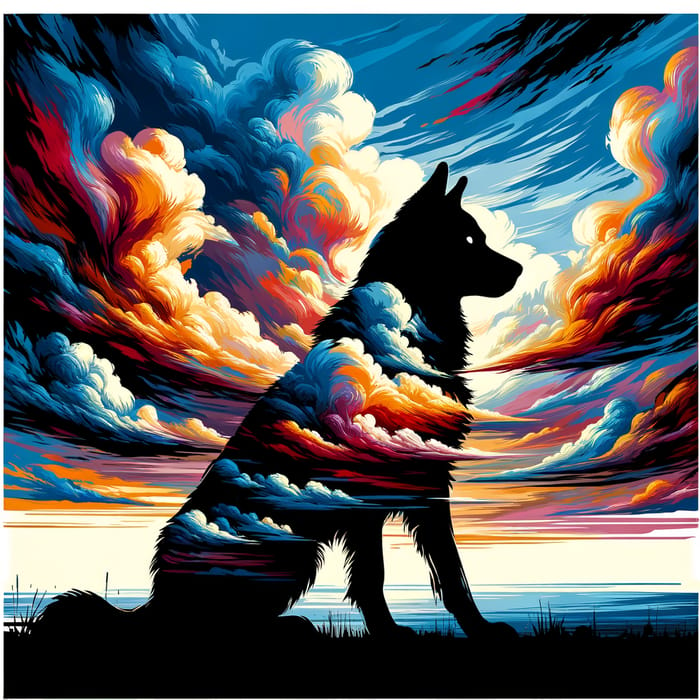 Dog's Silhouette in Graffiti Style Against Cloudy Sky | Realistic Oil & Acrylic Colors