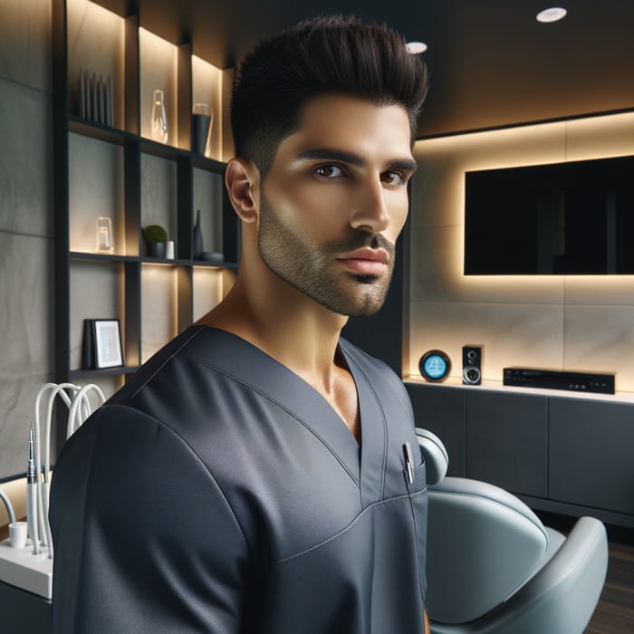 High Quality 8K Image of a Modern Dentist Office | Young Man Dentist in Stylish Scrubs