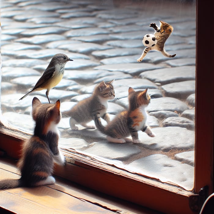 Tiny Bird Watching Kittens Play Soccer | Adorable Animal Scene