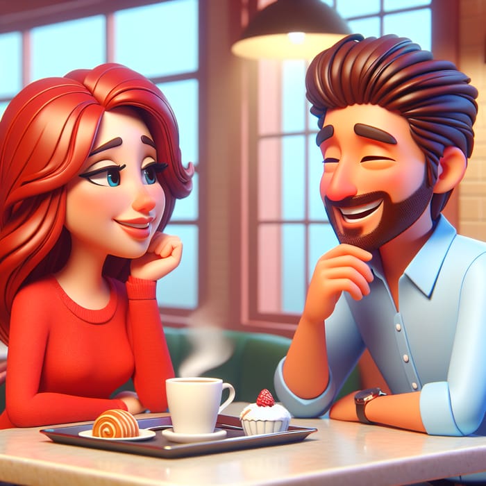 Vibrant 3D Cartoon: Red-Haired Woman & Middle-Eastern Man in Cozy Cafe Setting