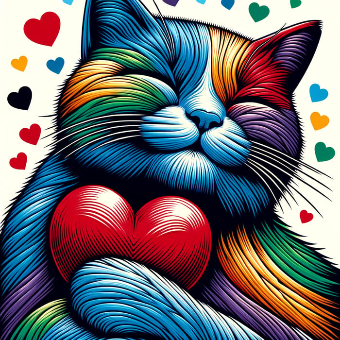 Colorful Pop Art Cat Hugging Heart in Vibrant Brush Strokes