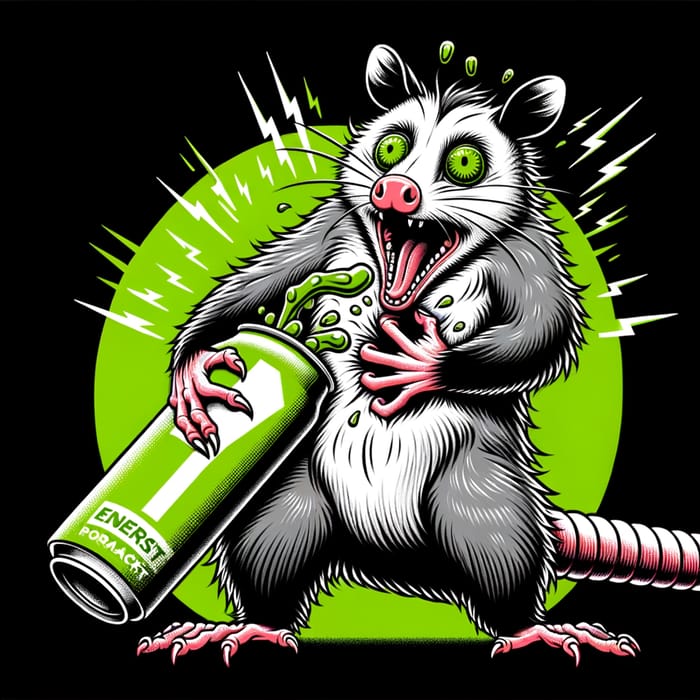 Humorous Possum Overdosing on Energy Drink - Caricature Illustration