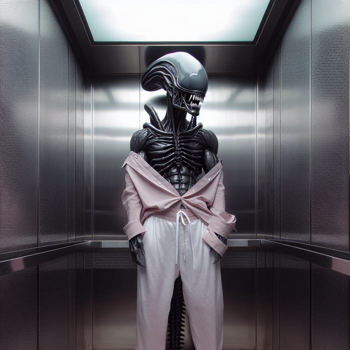 Menacing Extraterrestrial in Elevator with Pink Clothes