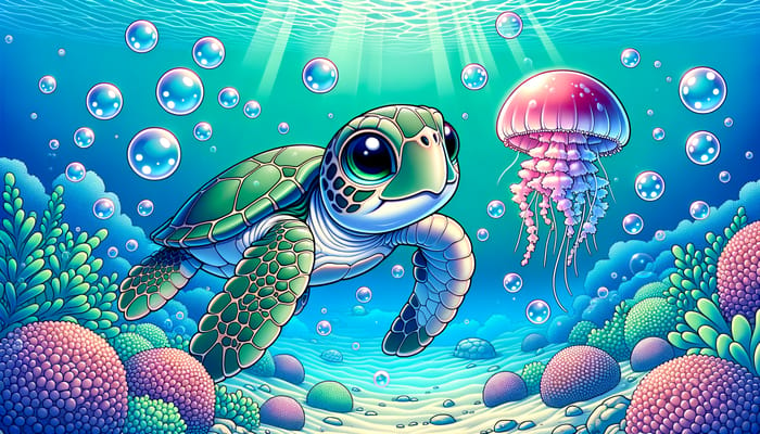 Enchanting Underwater Scene: Juvenile Sea Turtle & Pink Jellyfish