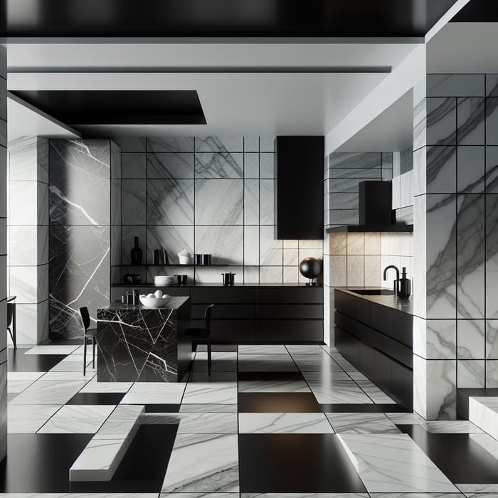 Bauhaus Style Kitchen: Black and White Marble Design