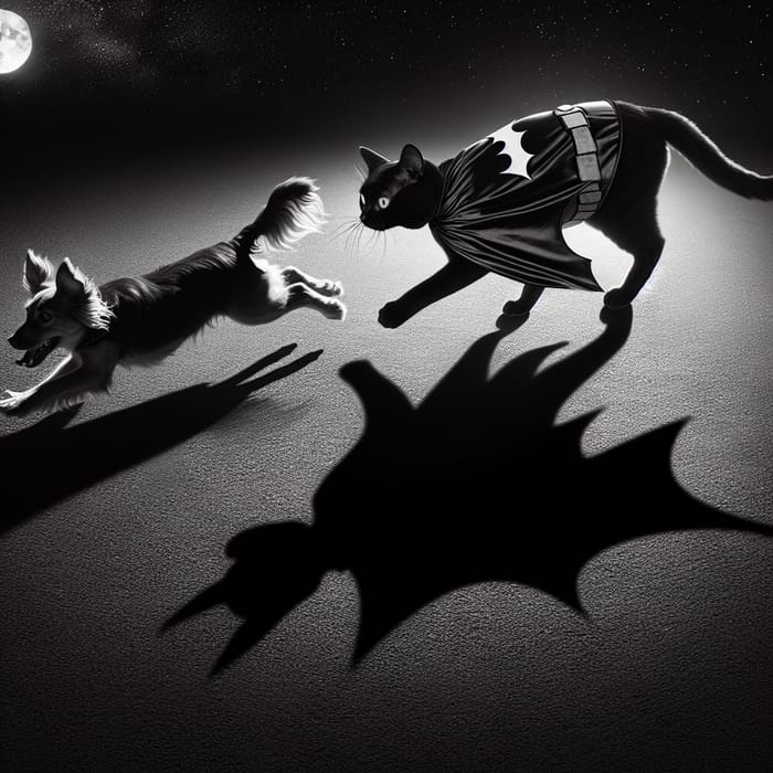 Cat in Batman Costume Chasing Dog at Night