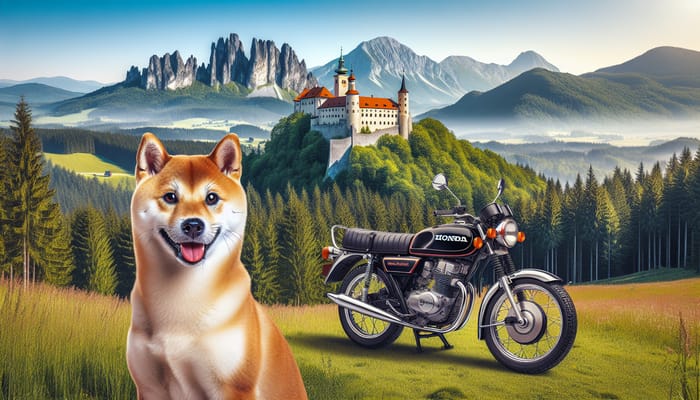 Beautiful Shiba Inu with Honda Motorcycle near Slovak Castle