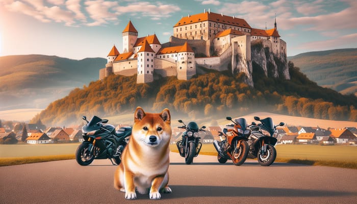 Shiba Inu Dog in Slovakian Landscape with Castle and Motorcycles