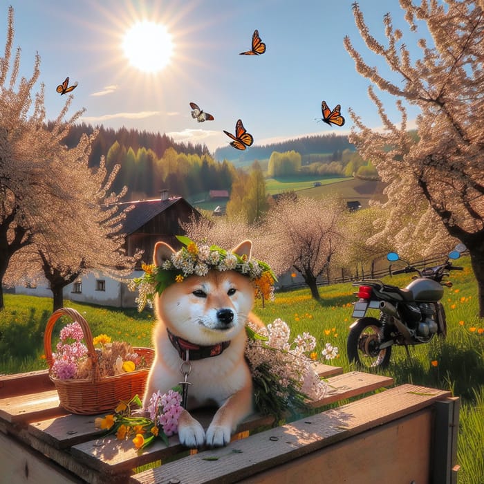 Spring in Slovakia: Shiba Inu Dog with Wildflower Wreath and Motorcycle