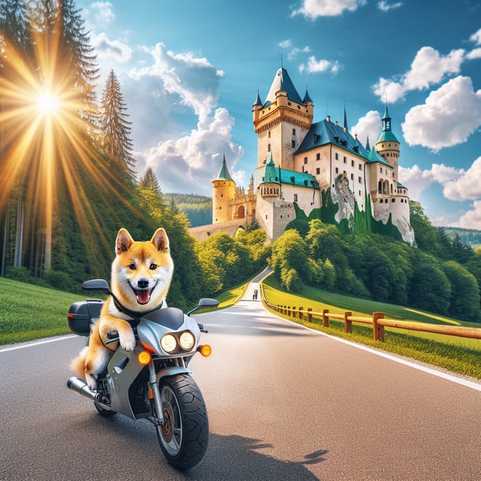 Shiba Inu Riding Honda Motorcycle Past Bojnice Castle in Slovakia