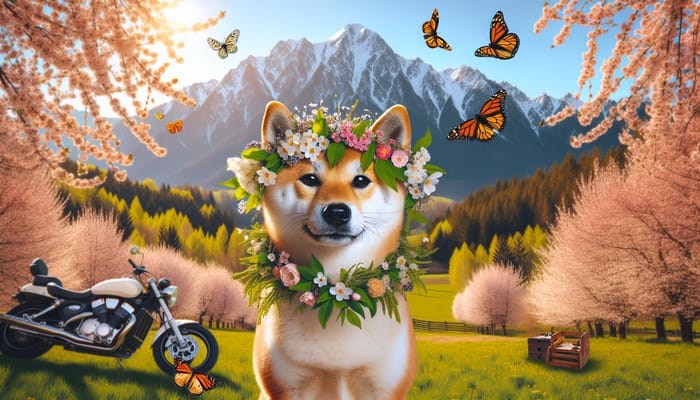 Springtime in Slovakia: Blooming Trees, Sunshine, and Shiba Inu with Wildflower Wreath