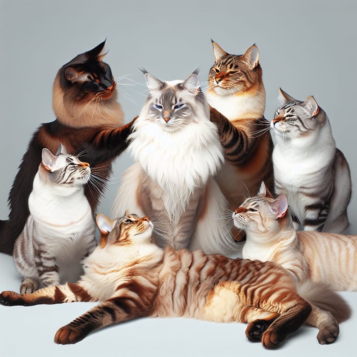 Five Male Cats Adoring Female Maine Coon