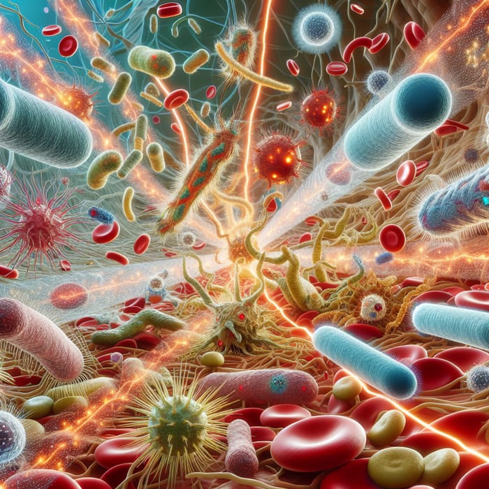 Microscopic Warfare: Bacteria vs. Antibiotics Battle - Intricate Scene