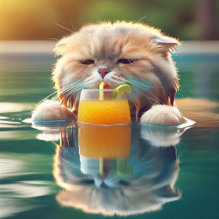 Cat Swimming in Water Drinking Juice