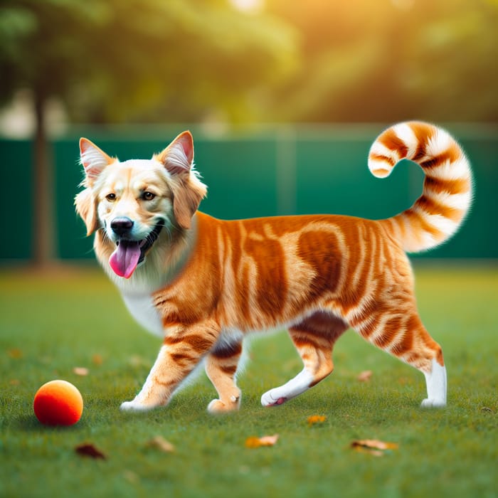 Dog-Cat Hybrid Playing in Park with Red Ball