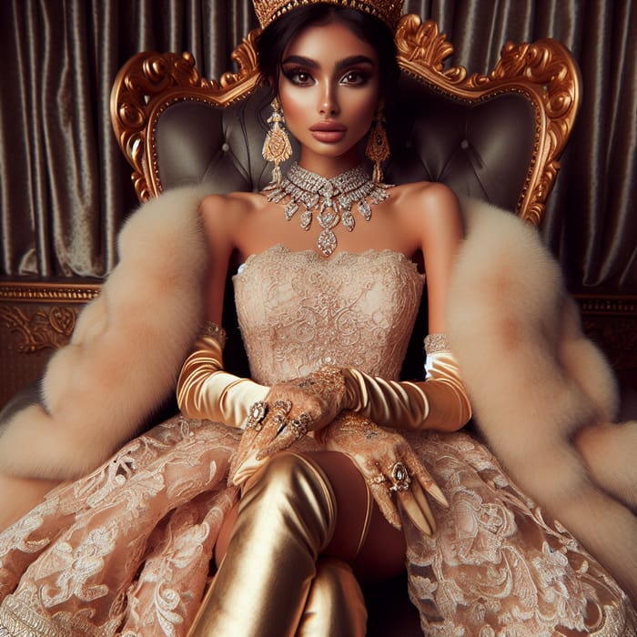 Elegant Princess on Grand Throne with Golden Tiara & Jewels