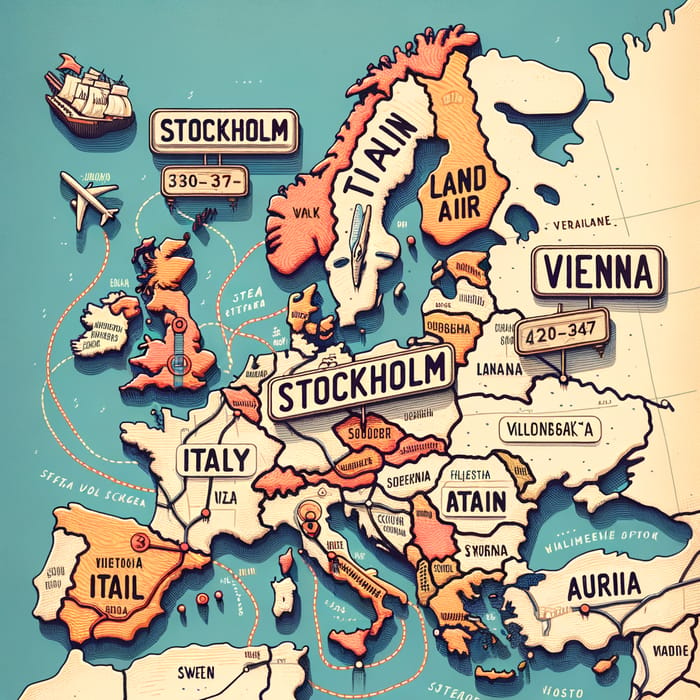 Europe Map: Stockholm, Palermo, Vienna & Routes to Sweden, Italy, Austria with Different Routes