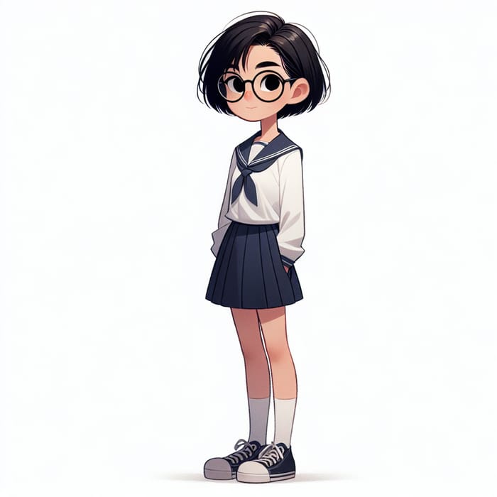 Japanese Schoolgirl with Glasses and Dark Hair in Anime Style