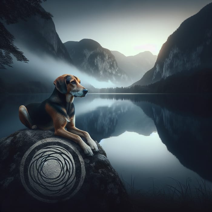 Tranquil Zen Hound Resting by Reflecting Lake at Dusk