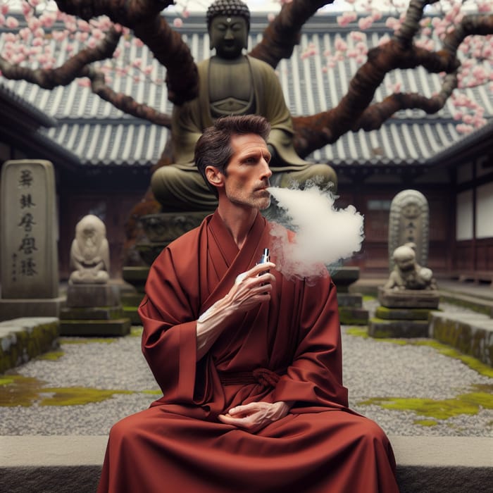 Serene Monk Vaping in Meditative Posture | Zen Courtyard