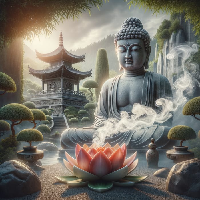Smoking Buddha Statue: Zen Garden Tranquility
