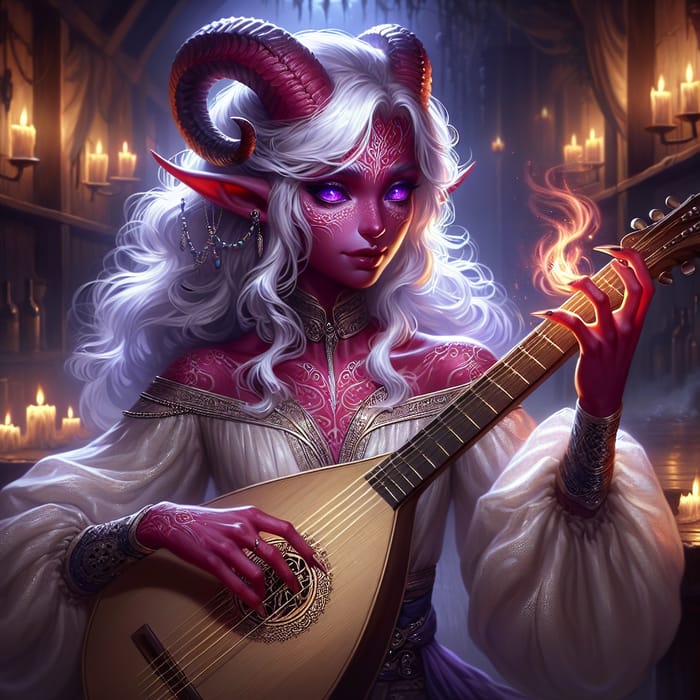 Ethereal Tiefling Bard Plays Lute in Candlelit Tavern | Fantasy Art