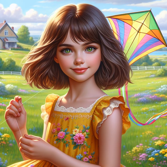 Joyful Girl with a Colorful Kite in the Meadow