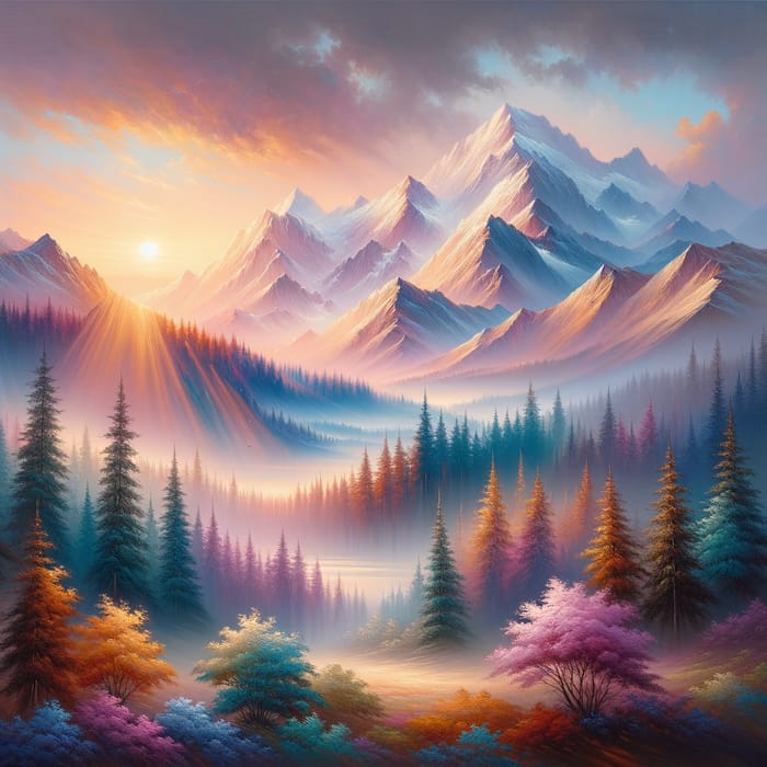Exquisite Serene Mountain Landscape at Sunrise - Vibrant Pastel Beauty