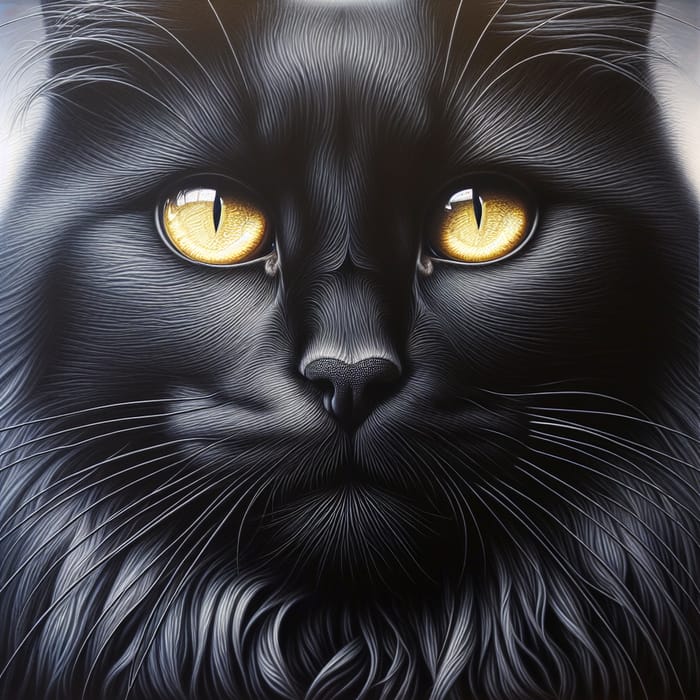 Majestic Black Cat with Piercing Yellow Eyes in Hyperrealistic Oil Painting